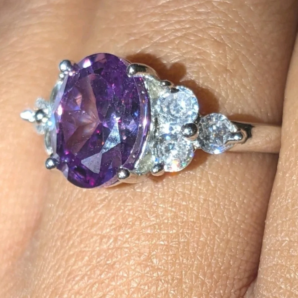 925 Dazzling 8 Ct Brilliant Cut Amathyst  Oval Stone Engagement Ring Sz 9